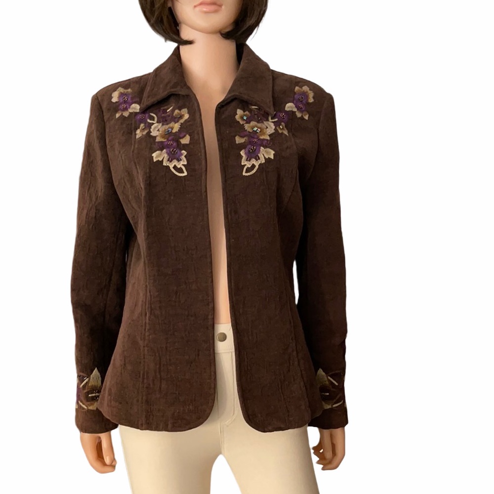 NWOT Coldwater Creek Brown Corduroy Floral Embroidered Jacket Size 12